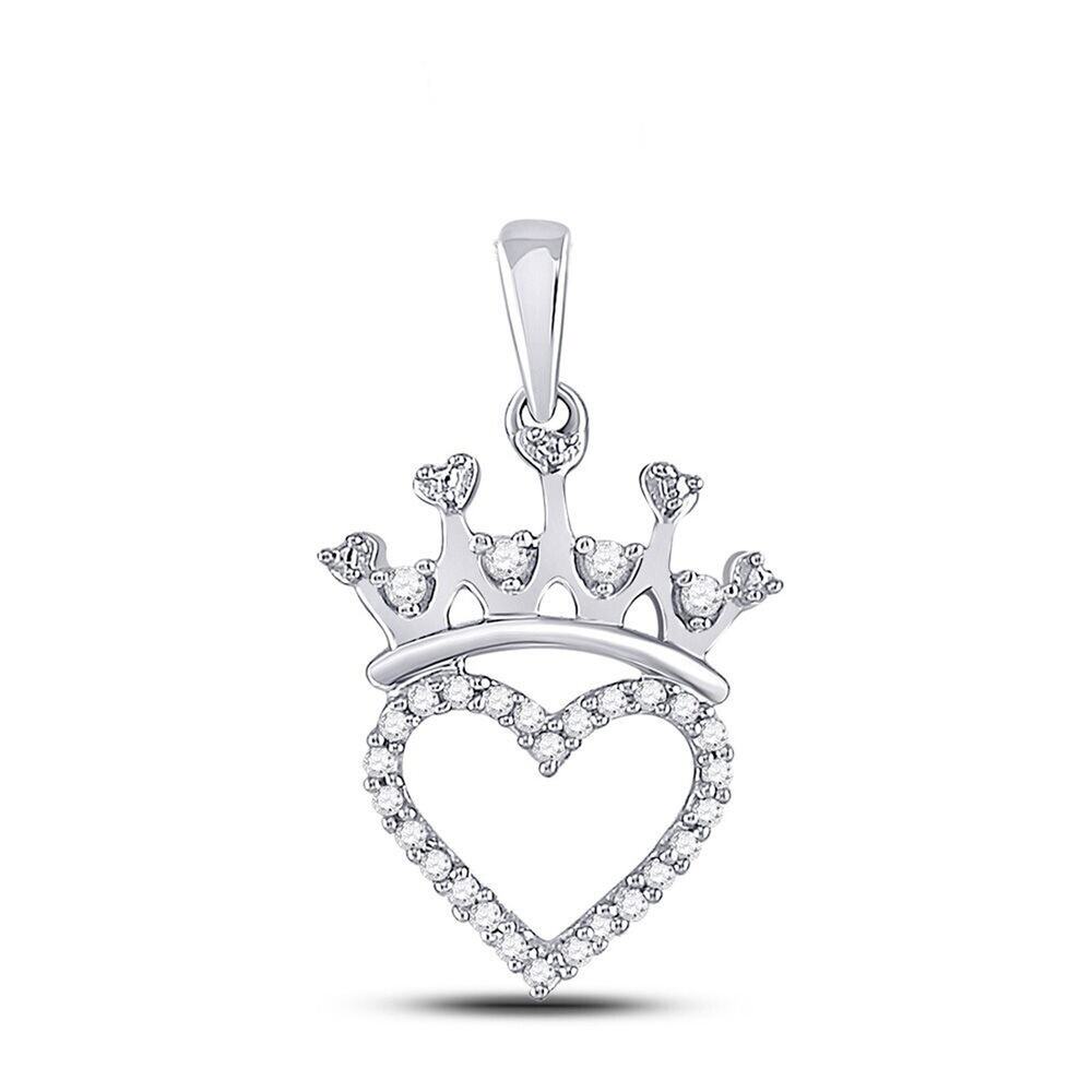 Sterling Silver Womens Round Diamond Crown Heart Pendant 1/10 Cttw